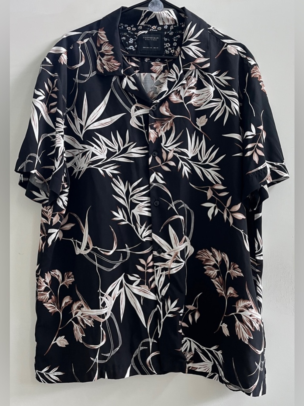 Cactus Man Style Vintage Black Floral Print Button-Up Shirt with Leaves Size:XXL